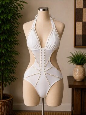 Swimbay Sz med gold studded Trim White Halter Cutout swimsuit